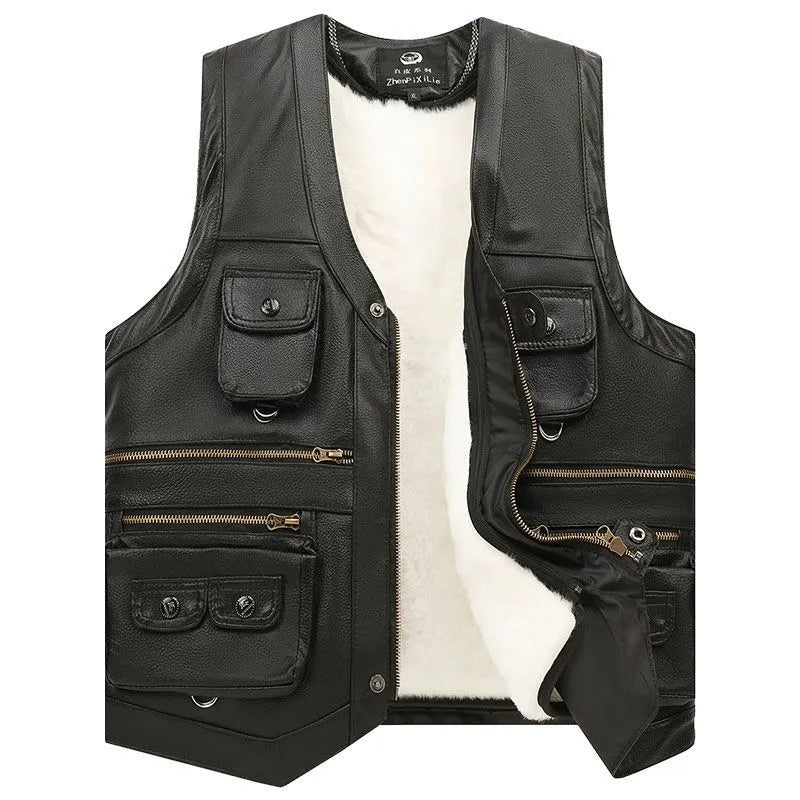 Genuine Leather Adventure Vest Sleeveless Casual Zip-Front Jacket Fall Winter Outdoor Riding Coat Men's Plus Sizes XL-7XL | Thomler