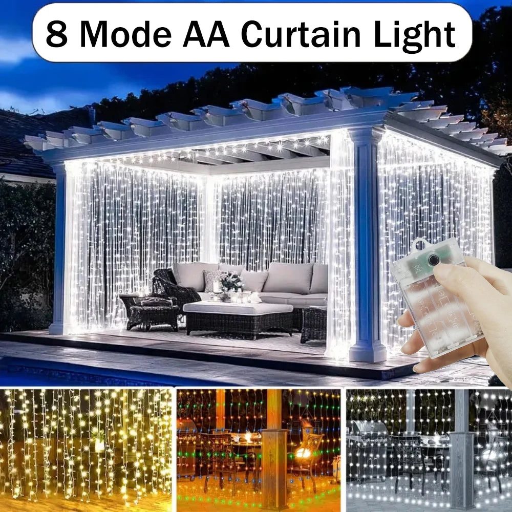 Battery-Powered LED Curtain Lights – 8 Flashing Modes, Waterfall String Lights for Bedroom, Living Room, Wedding Backdrop & Holiday Decor | Thomler