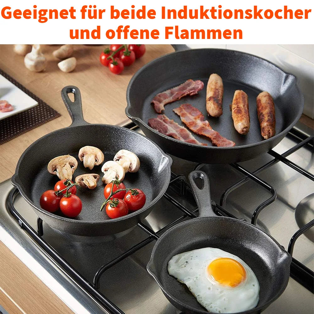 Frying Pan Set Cast Iron 16.0 cm 20.0 cm 26.0 cm Black Induction Gas Open Fire Skillet Cooking Set | Thomler