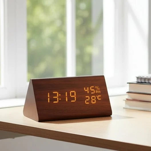 Digital Alarm Clock with Wood-Grain Finish – 3 Alarms, Temperature Display & Adjustable LED Brightness for Bedroom, Desk & Nightstand | Thomler