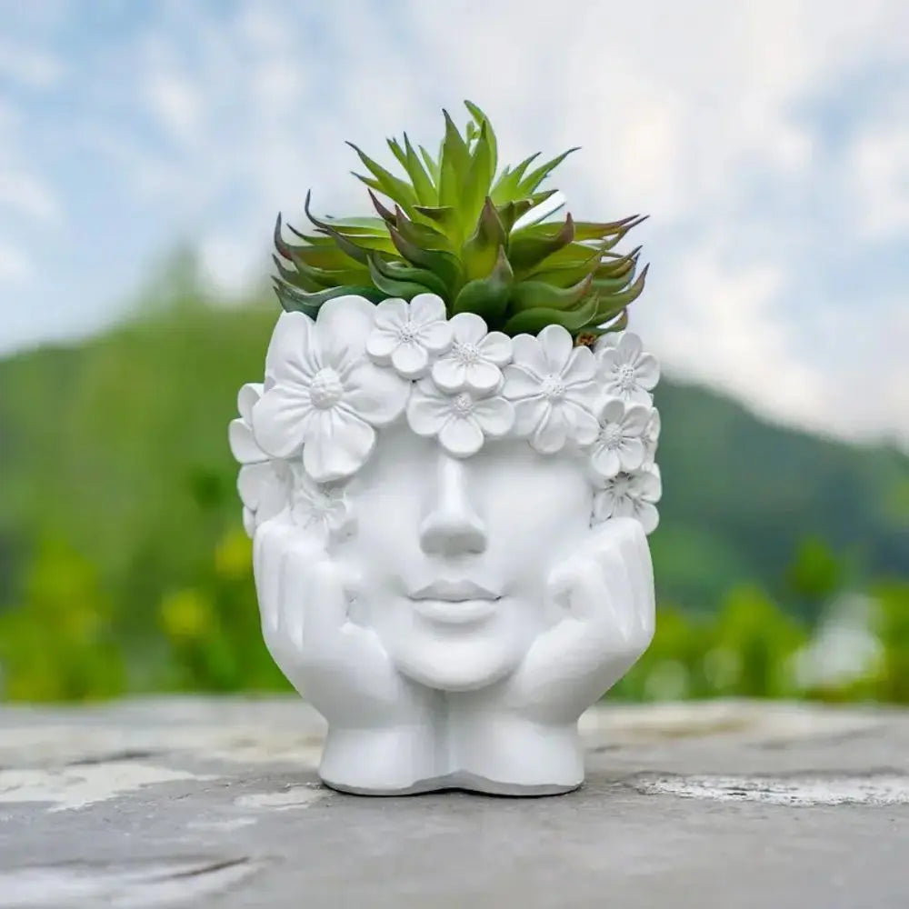 Flower Pot Resin 15.0 cm White Face Planter Indoor Outdoor Succulent Decorative Sculpture Boho Home Décor | Thomler