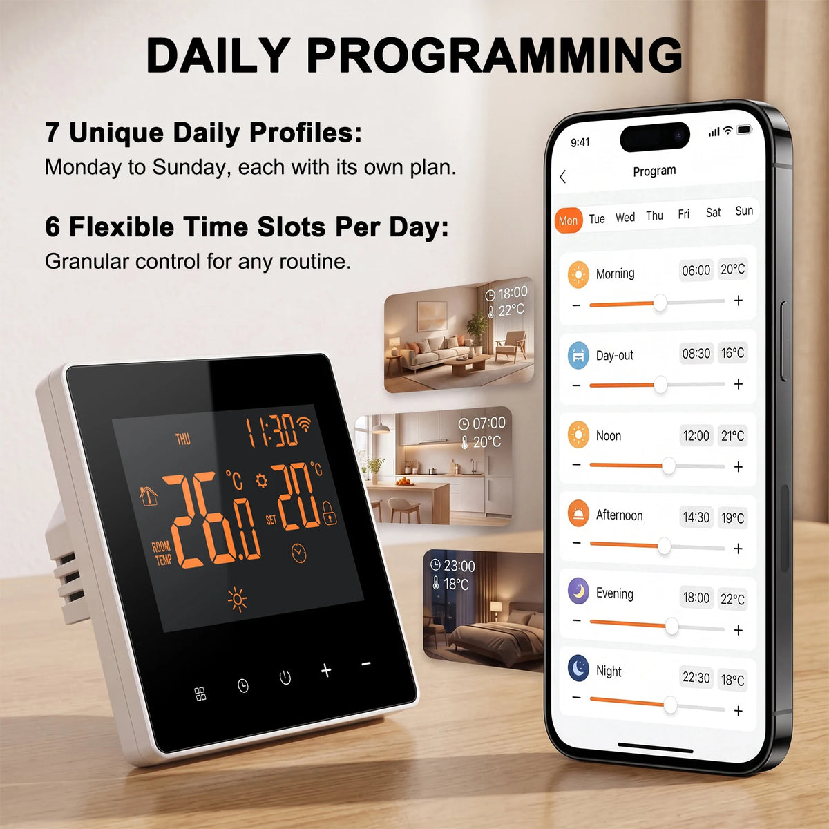WiFi Smart Thermostat for Radiant Floor Heating – 16A Touchscreen Temperature Controller, Voice Control Compatible, Weekly Scheduling | Thomler