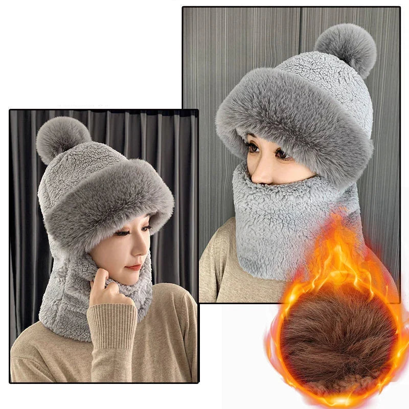 Plush Hooded Scarf Combo Winter Beanie & Neck Warmer Fleece Wrap for Women Cold Weather Outdoor Fashion | Thomler