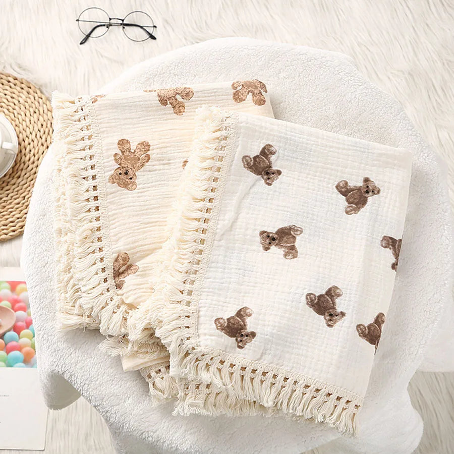 Lightweight Cotton Muslin Baby Blanket with Bear Print – Breathable Swaddle for Newborns & Toddlers | Thomler