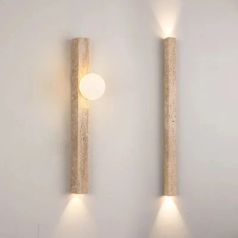 Wall Lamp Travertine Stone LED Khaki Japandi Bedroom Hallway Ambient Lighting Frosted Glass Globe Sconce | Thomler