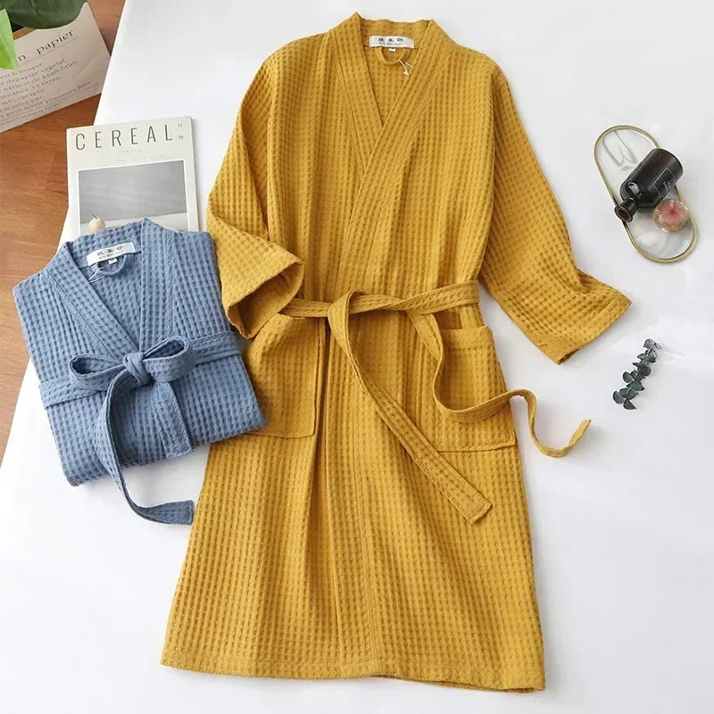 Lightweight Cotton Waffle Weave Bathrobe for Women – Mid-Calf Length Spa Robe with Long Sleeves for Spring & Summer | Thomler