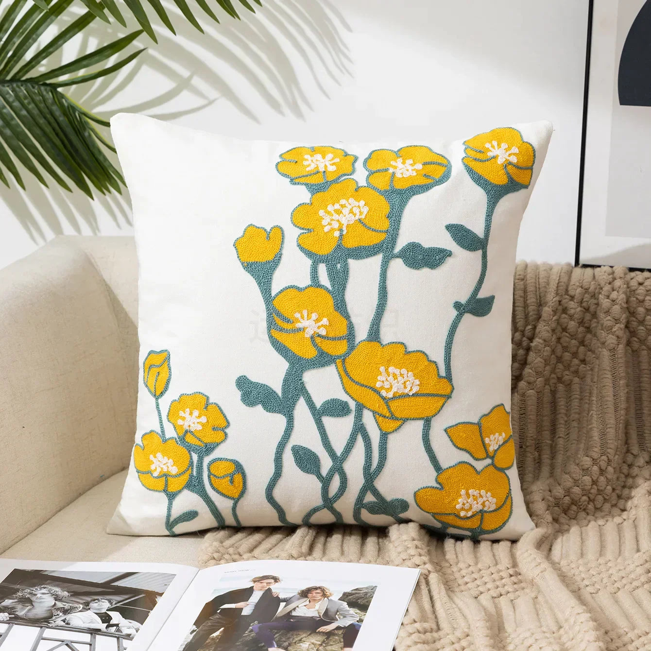 Cushion Cover Cotton Canvas 45.0 cm Floral Embroidered White Sofa Bed Decorative Pillow Case Farmhouse Living Room Accent | Thomler