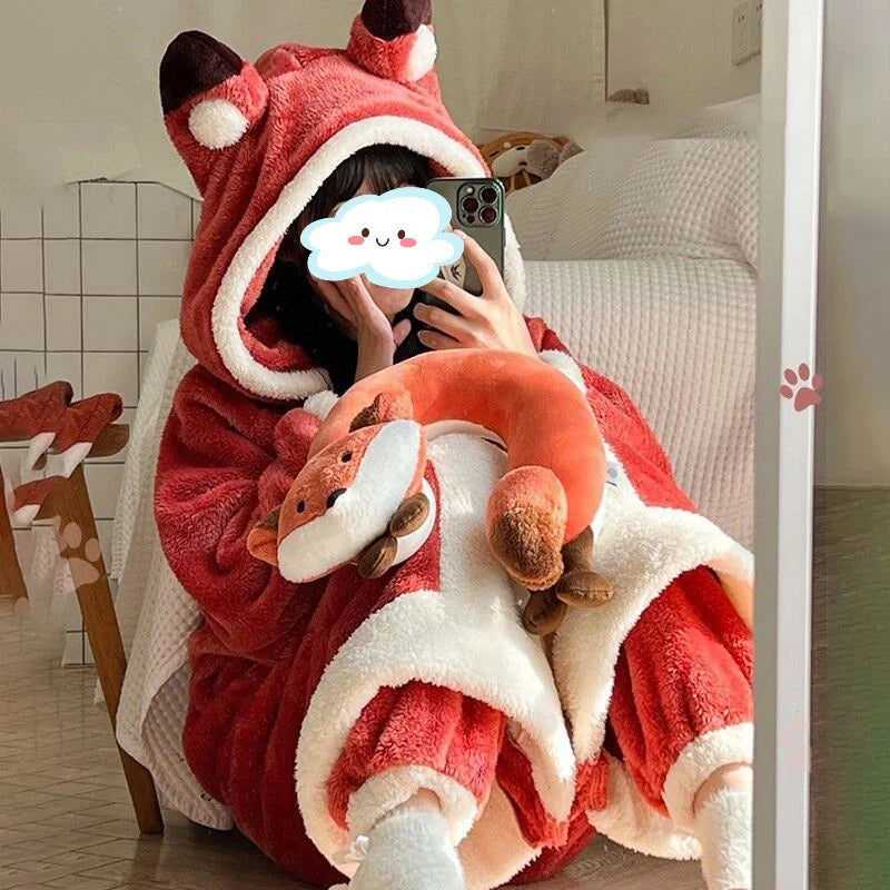 Animal Hooded Wearable Blanket Pajamas – Plush Fleece Full-Body Loungewear for Cozy Nights & Lazy Days | Thomler