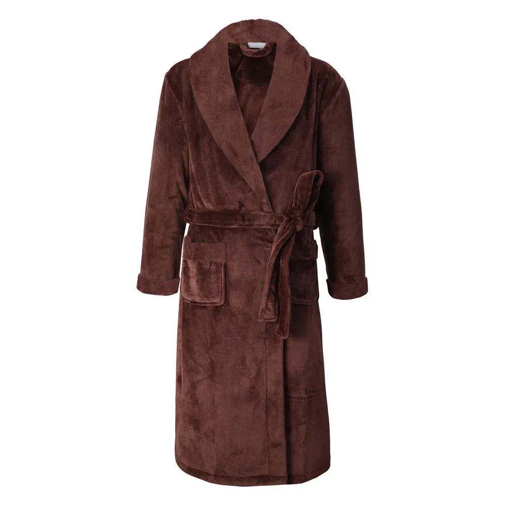 Plush Coral Fleece Robe for Men – Long Shawl Collar Bathrobe in Navy, Gray & Camel – Warm Winter Loungewear M-3XL | Thomler