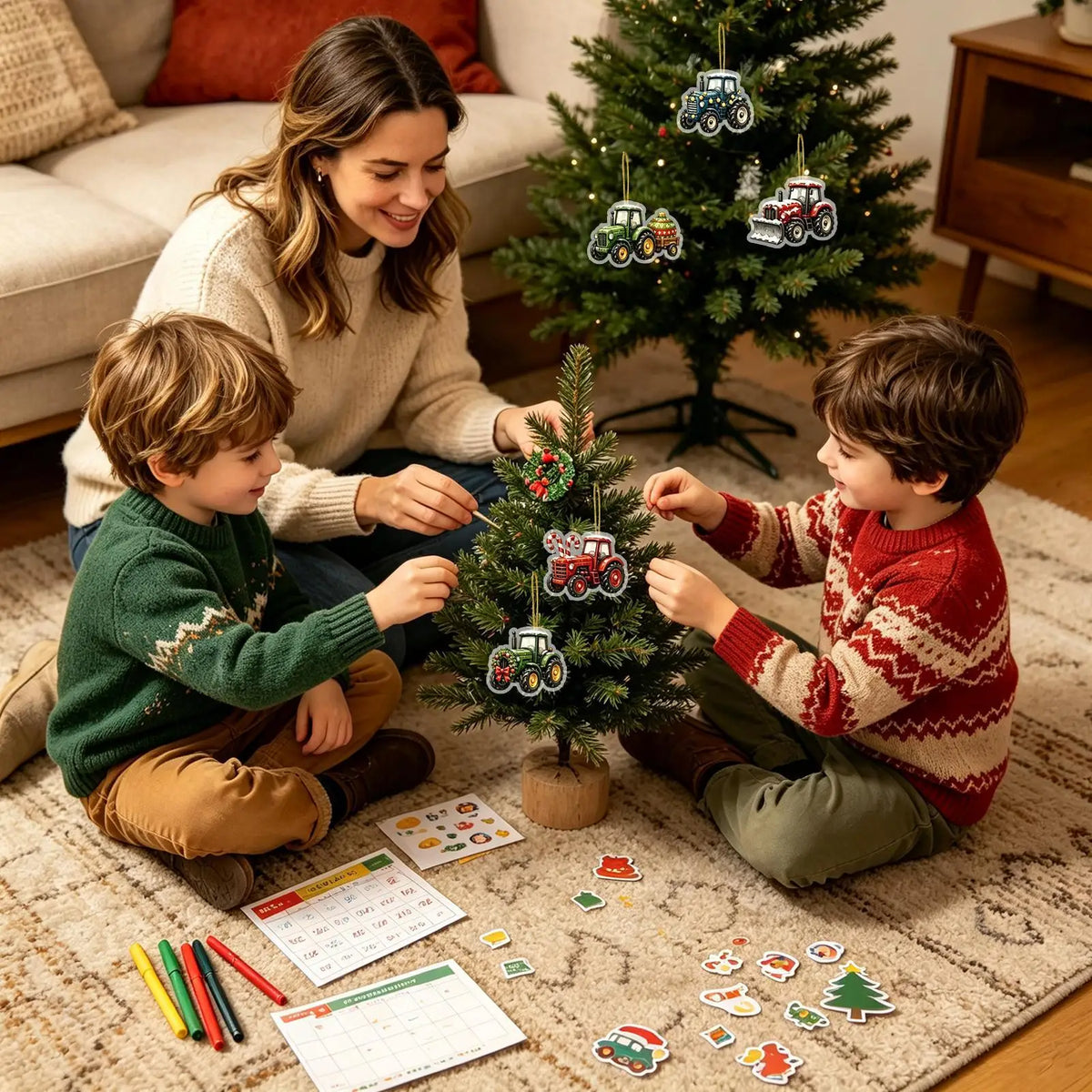 Farm Tractor Advent Calendar with 24 Flat Ornaments – Holiday Countdown Decoration for Kids & Family | Thomler