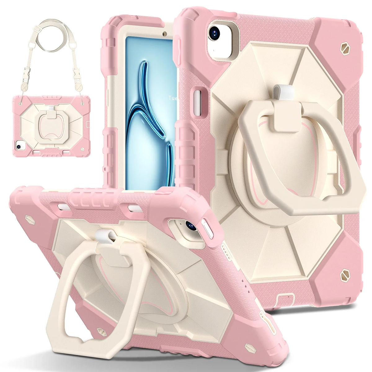 Triple-Layer iPad Protective Case with 360° Rotating Hand Grip, Integrated Kickstand & Shoulder Strap | Tempered Glass Screen Protector | Thomler