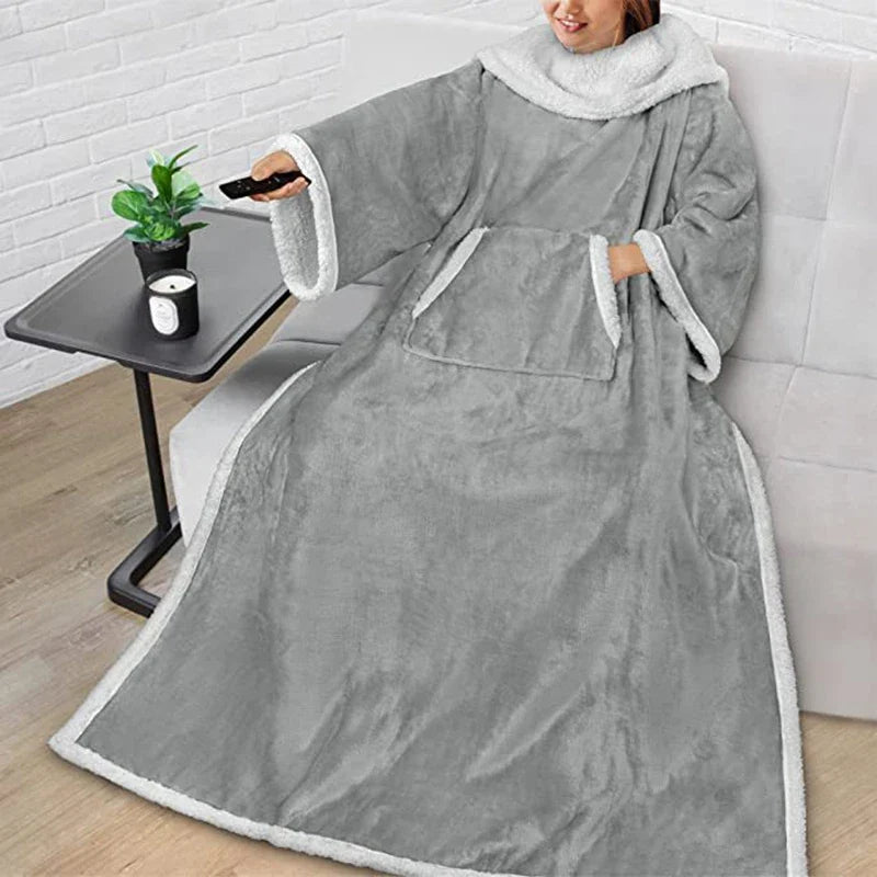 Oversized Fleece Blanket Hoodie with Sleeves & Foot Pocket – Plush Wearable Throw for Adults | Thomler