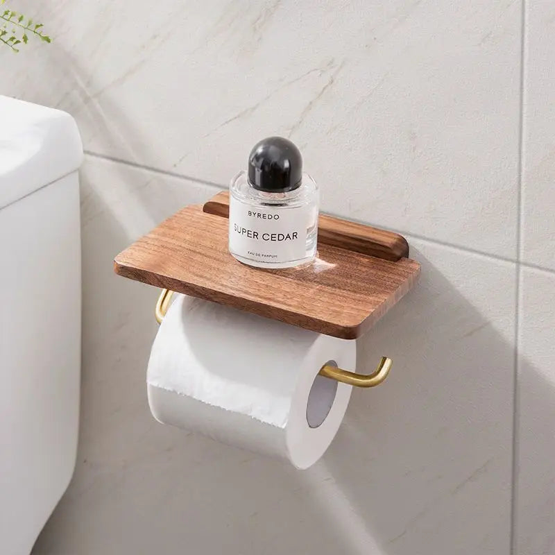 Toilet Roll Holder Walnut Wood Wall Mounted Bathroom Shelf Storage Organiser Minimalist Toilet Paper Rack | Thomler