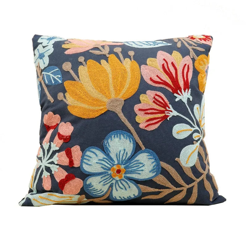 Cushion Cover Cotton Canvas 45.0 cm Floral Embroidered White Sofa Bed Decorative Pillow Case Farmhouse Living Room Accent | Thomler