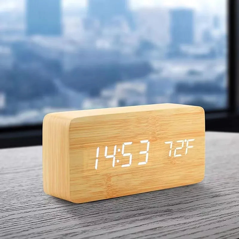 Alarm Clock Wood Look LED Display USB Powered Bedroom Desk Temperature Clock 12 24 Hour Adjustable Brightness Triple Alarm | Thomler
