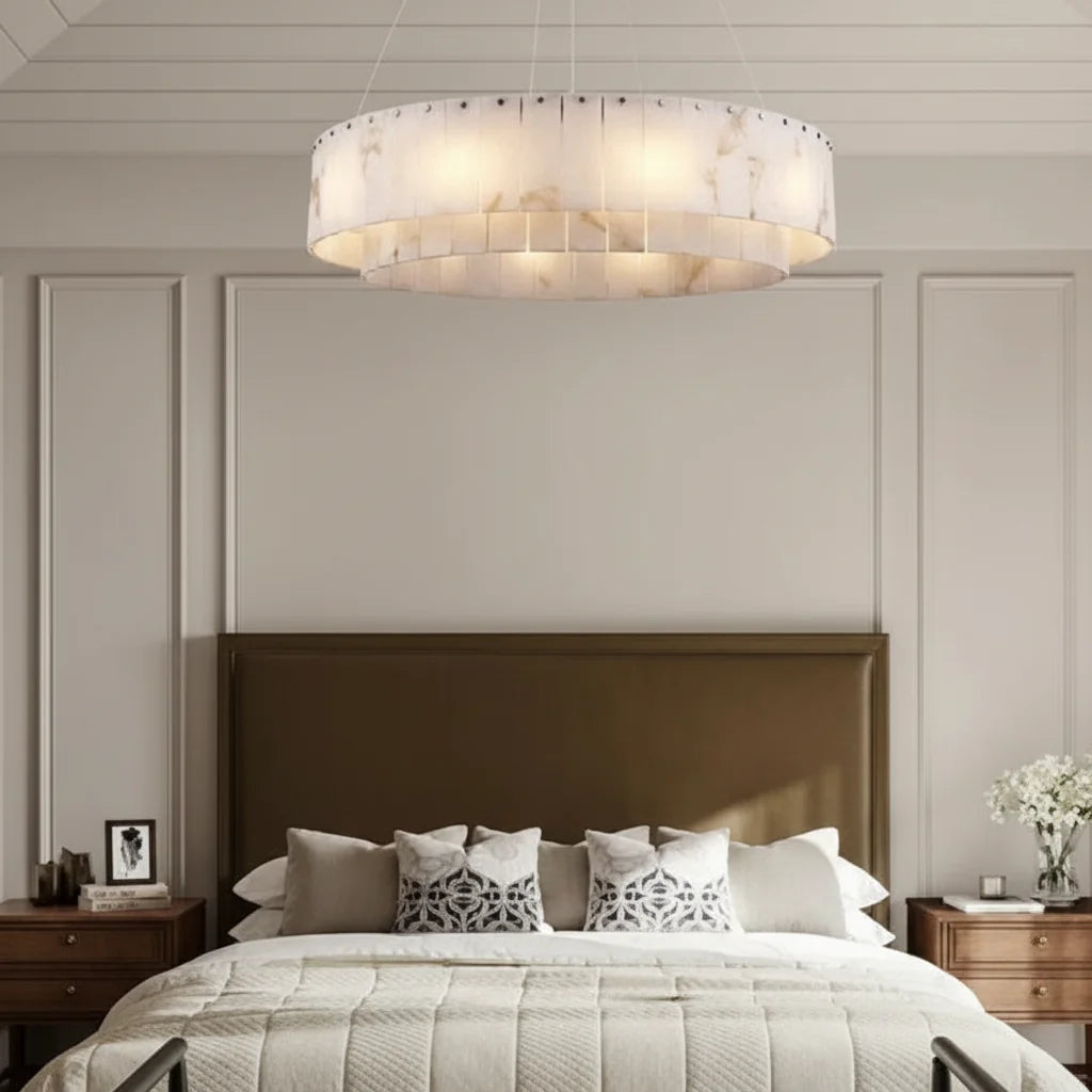 Circular Alabaster Stone Chandelier with Dual-Tier Illumination & Metal Framework | Thomler
