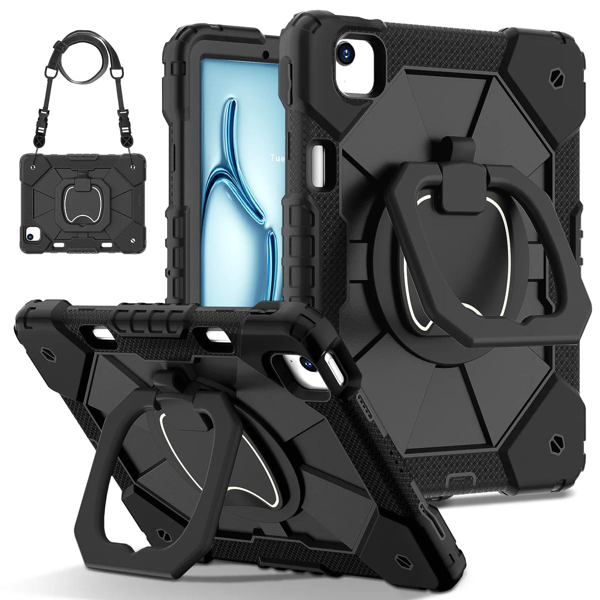 Triple-Layer iPad Protective Case with 360° Rotating Hand Grip, Integrated Kickstand & Shoulder Strap | Tempered Glass Screen Protector | Thomler