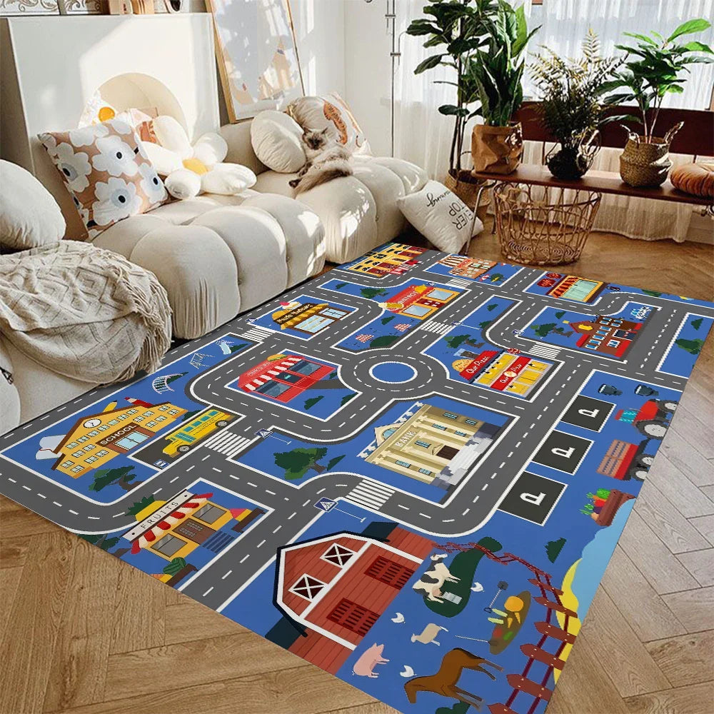 Play Rug Flannel 120.0 x 160.0 cm Car Road Theme Kids Playroom Bedroom Non Slip Washable Mat | Thomler