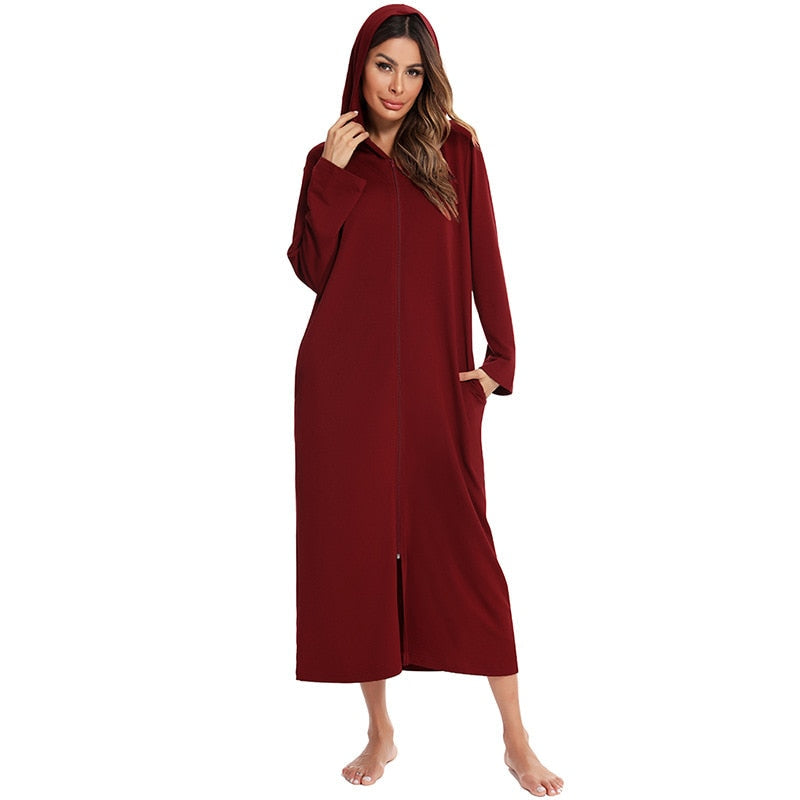 Zip-Front Hooded Bathrobe for Women – Soft Fleece Robe with Pockets & Full Zipper – Cozy Loungewear for Home, After Shower, Maternity | Thomler