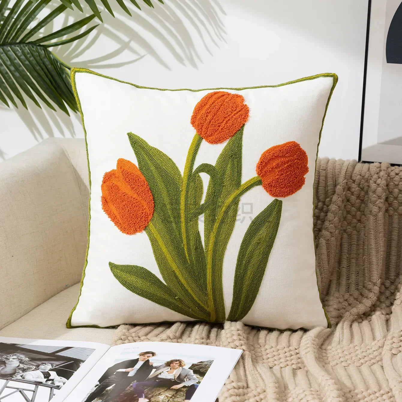 Cushion Cover Cotton Canvas 45.0 cm Floral Embroidered White Sofa Bed Decorative Pillow Case Farmhouse Living Room Accent | Thomler