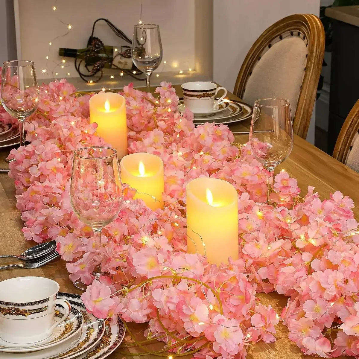 Artificial Flower LED Vine Lights 20 Pink Blooms on 79 in Battery Strand for Bedroom Wedding Party Event Fairy Garden Accent Indoor String | Thomler