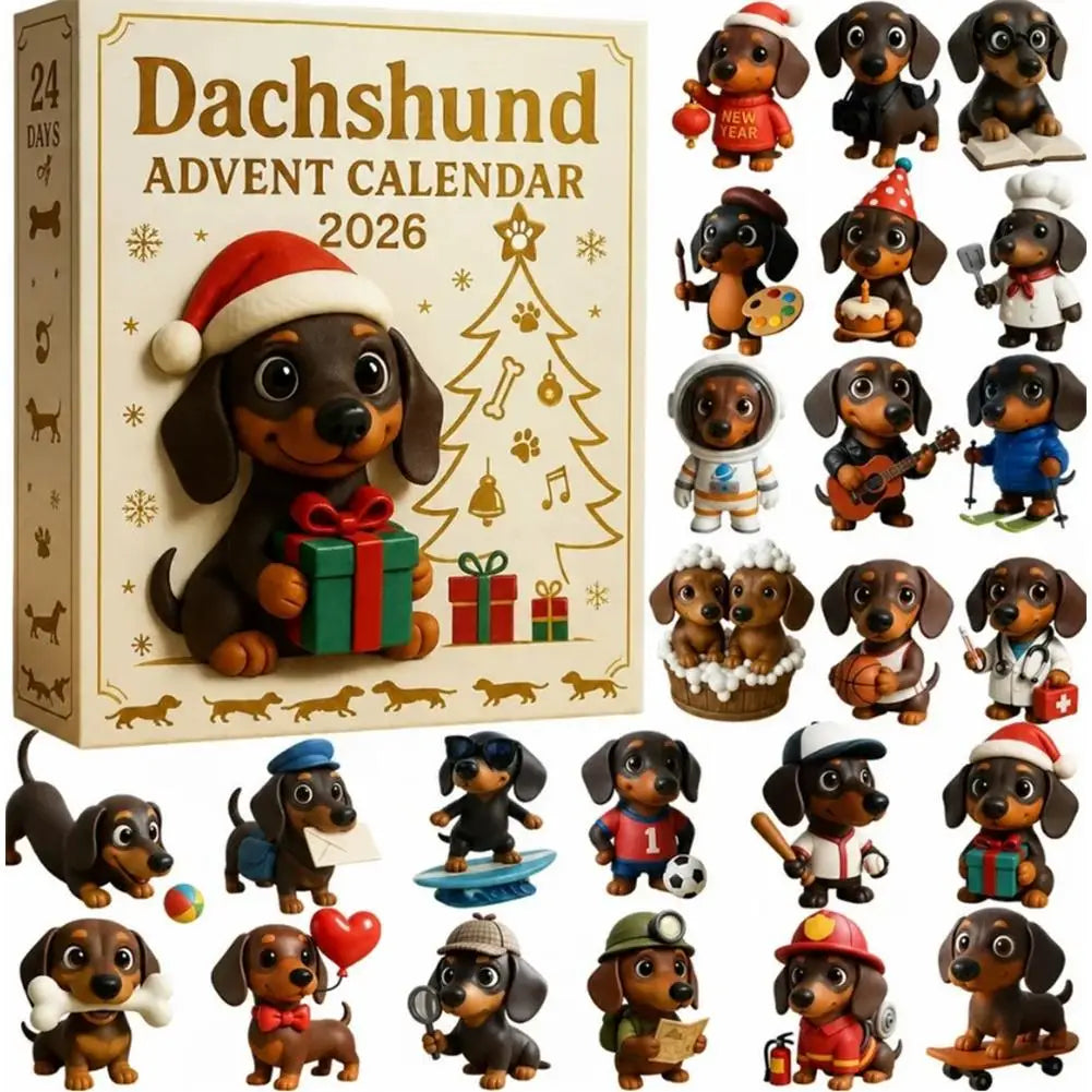 24-Day Wiener Dog Figurine Countdown Set for December Celebrations – Holiday Mantel Display with Miniature Brown Dachshund Collectibles | Thomler