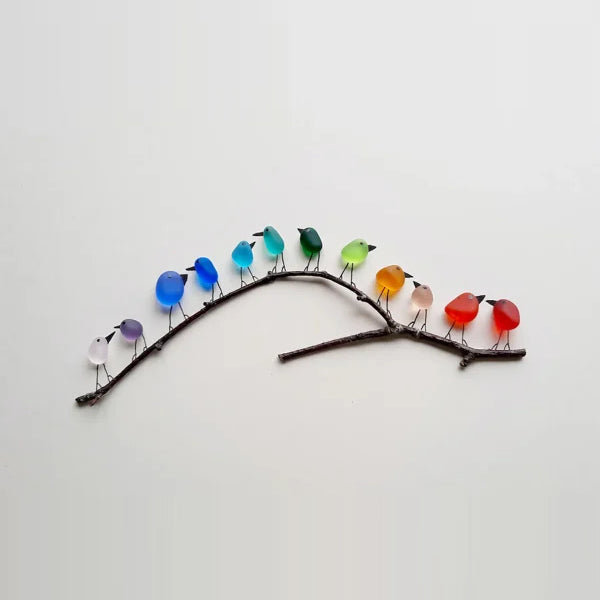 Sea Glass Bird Figurines on Driftwood Branch – Handcrafted Coastal Wall Art with Reclaimed Ocean Glass – 8, 10, or 12 Birds | Thomler