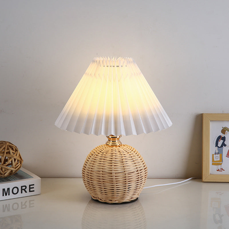 Nordic Rattan Table Lamp with Fabric Shade, USB Powered & Infinitely Dimmable LED Light for Bedroom, Living Room, Study | Thomler