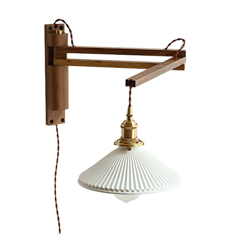 Extending Wall Sconce with Ribbed Glass Shade and Wood Arm for Bedroom, Living Room & Hallway Reading Light | Thomler