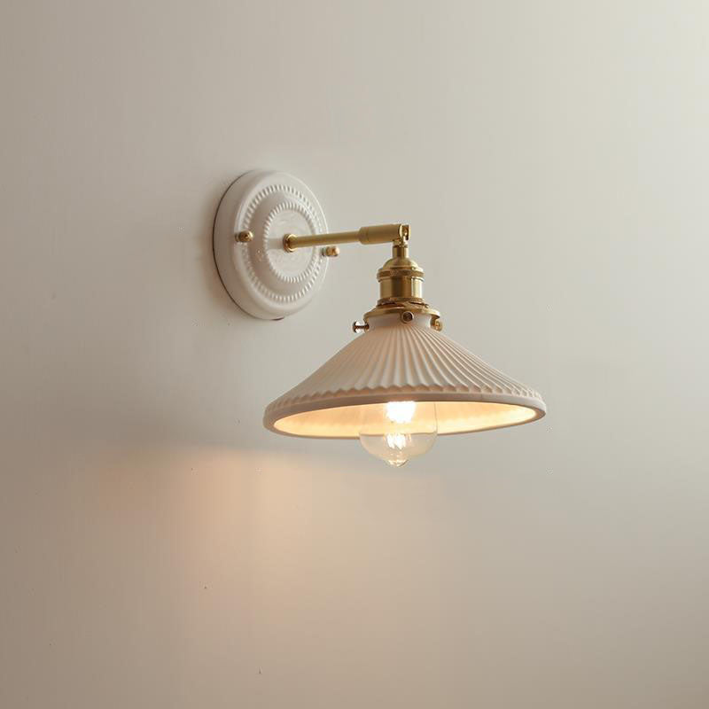 Pleated Shade Wall Sconce Lamp with Brass Arm for Bedroom Living Room & Study | Retro Japanese Style Ceramic Fixture | Thomler