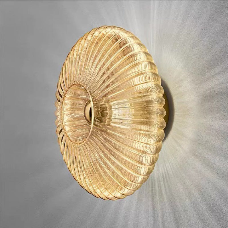 Ribbed Glass Disc Wall Light with Metal Mount | Scandi Minimalist Accent Lamp for Bedroom, Entryway & Hallway | Hardwired E26 Socket | Thomler