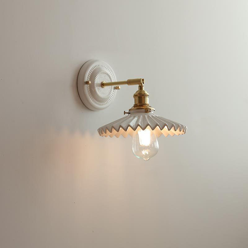Handcrafted Porcelain Shade Brass Wall Light Fixture Single Bulb Hardwired Sconce for Bedroom Hallway Entryway Vintage Home Decor | Thomler
