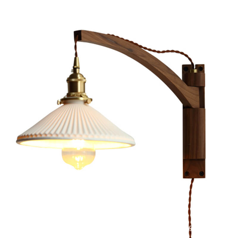 Extending Wall Sconce with Ribbed Glass Shade and Wood Arm for Bedroom, Living Room & Hallway Reading Light | Thomler