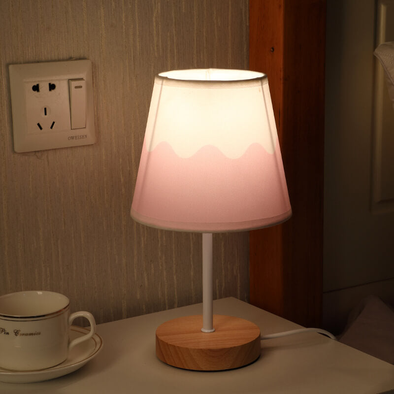 Wood Accent LED Table Lamp with Fabric Shade – USB Powered for Bedroom, Nightstand & Living Room | Thomler