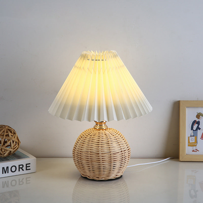 Nordic Rattan Table Lamp with Fabric Shade, USB Powered & Infinitely Dimmable LED Light for Bedroom, Living Room, Study | Thomler