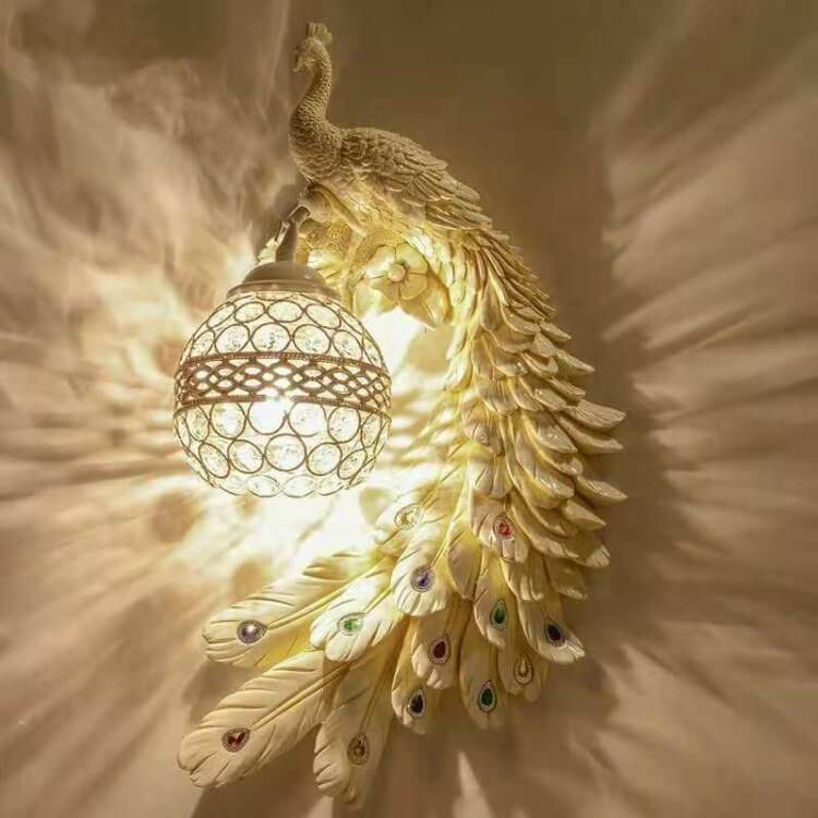 Crystal Globe Peacock Wall Light Fixture Decorative Resin Single Bulb Sconce for Bedroom Living Room Hallway Entryway Home Decor | Thomler