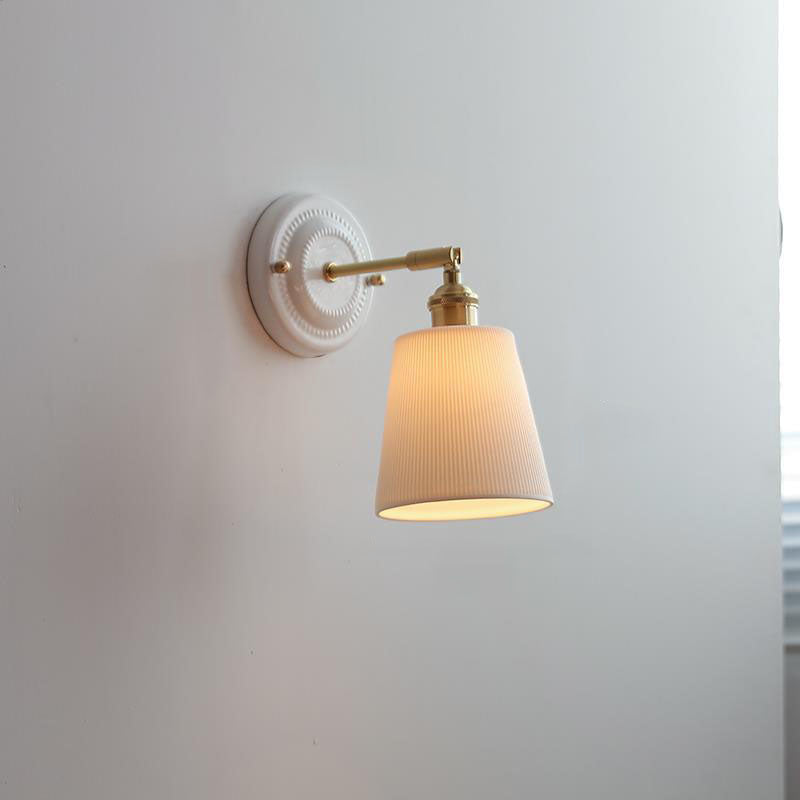Handcrafted Porcelain Shade Brass Wall Light Fixture Single Bulb Hardwired Sconce for Bedroom Hallway Entryway Vintage Home Decor | Thomler