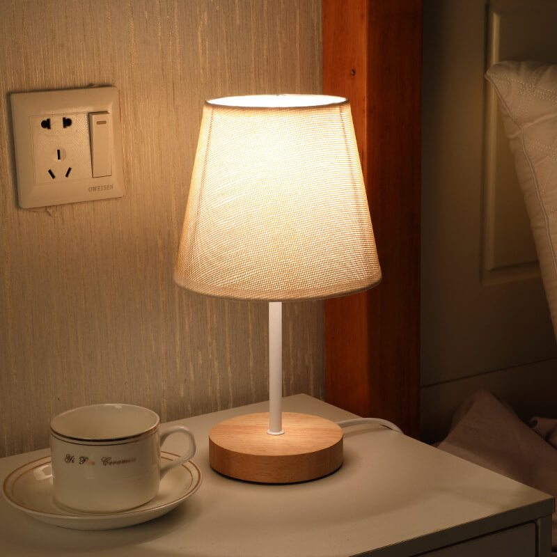 Wood Accent LED Table Lamp with Fabric Shade – USB Powered for Bedroom, Nightstand & Living Room | Thomler