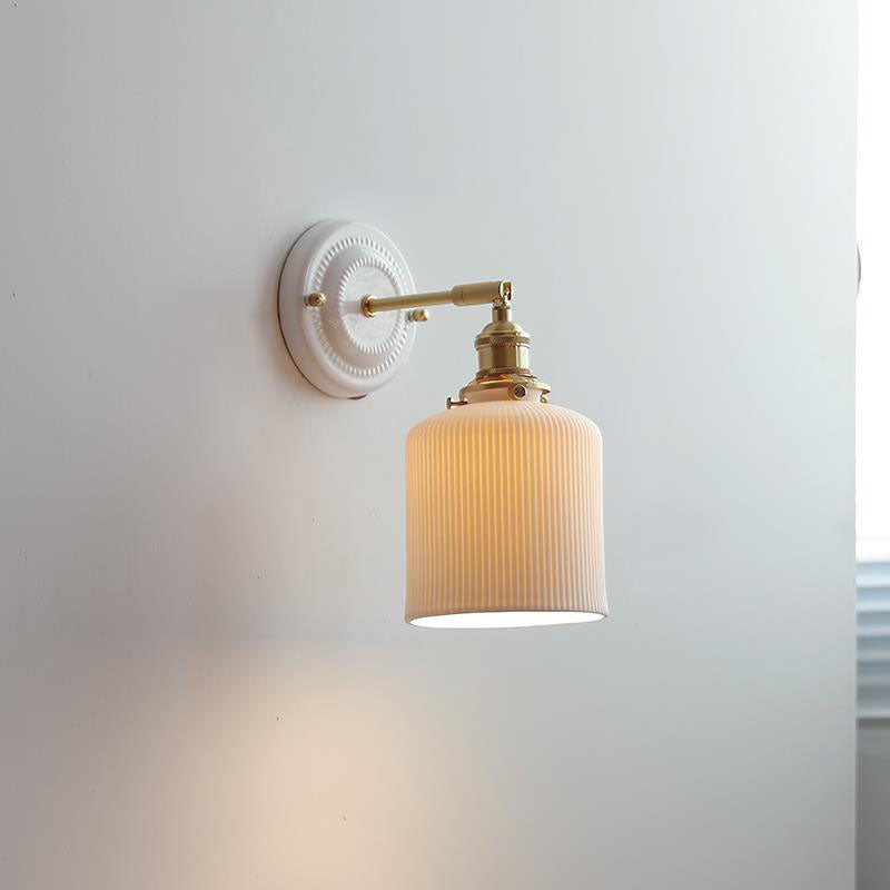 Pleated Shade Wall Sconce Lamp with Brass Arm for Bedroom Living Room & Study | Retro Japanese Style Ceramic Fixture | Thomler