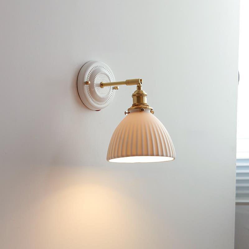 Pleated Shade Wall Sconce Lamp with Brass Arm for Bedroom Living Room & Study | Retro Japanese Style Ceramic Fixture | Thomler