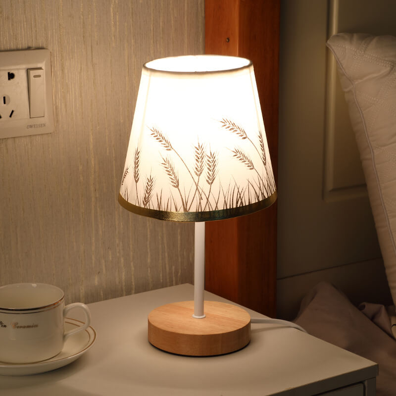 Wood Accent LED Table Lamp with Fabric Shade – USB Powered for Bedroom, Nightstand & Living Room | Thomler