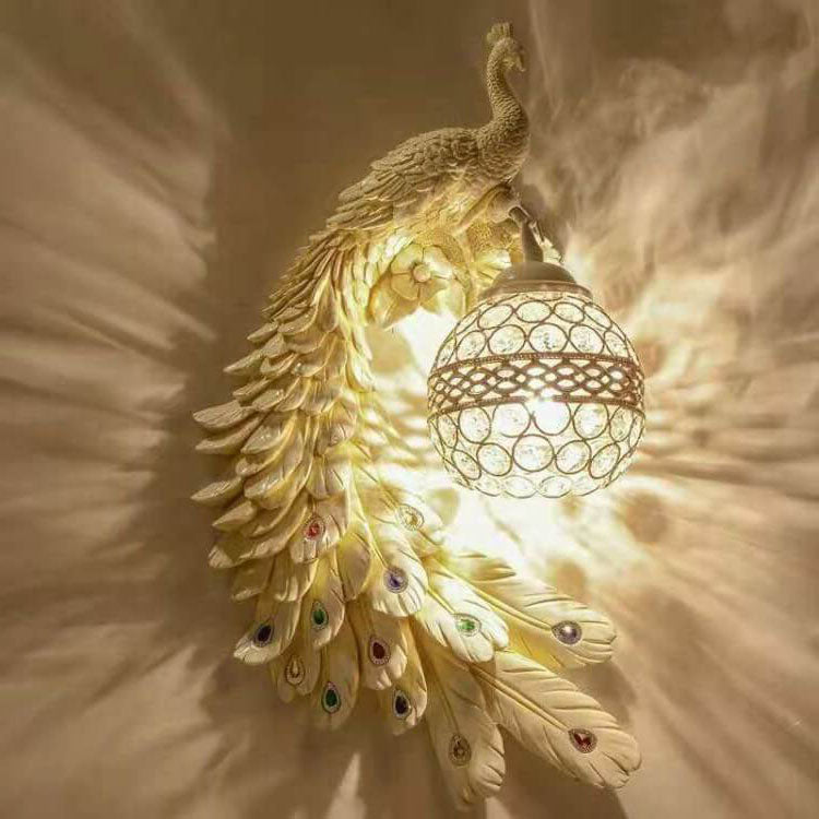 Crystal Globe Peacock Wall Light Fixture Decorative Resin Single Bulb Sconce for Bedroom Living Room Hallway Entryway Home Decor | Thomler
