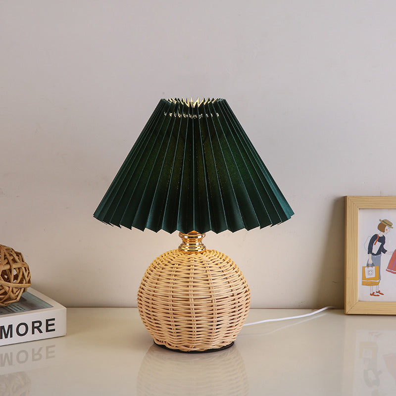 Nordic Rattan Table Lamp with Fabric Shade, USB Powered & Infinitely Dimmable LED Light for Bedroom, Living Room, Study | Thomler