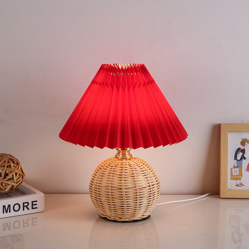 Nordic Rattan Table Lamp with Fabric Shade, USB Powered & Infinitely Dimmable LED Light for Bedroom, Living Room, Study | Thomler