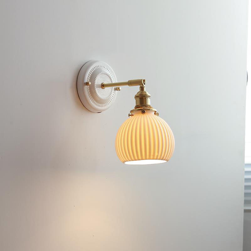 Handcrafted Porcelain Shade Brass Wall Light Fixture Single Bulb Hardwired Sconce for Bedroom Hallway Entryway Vintage Home Decor | Thomler