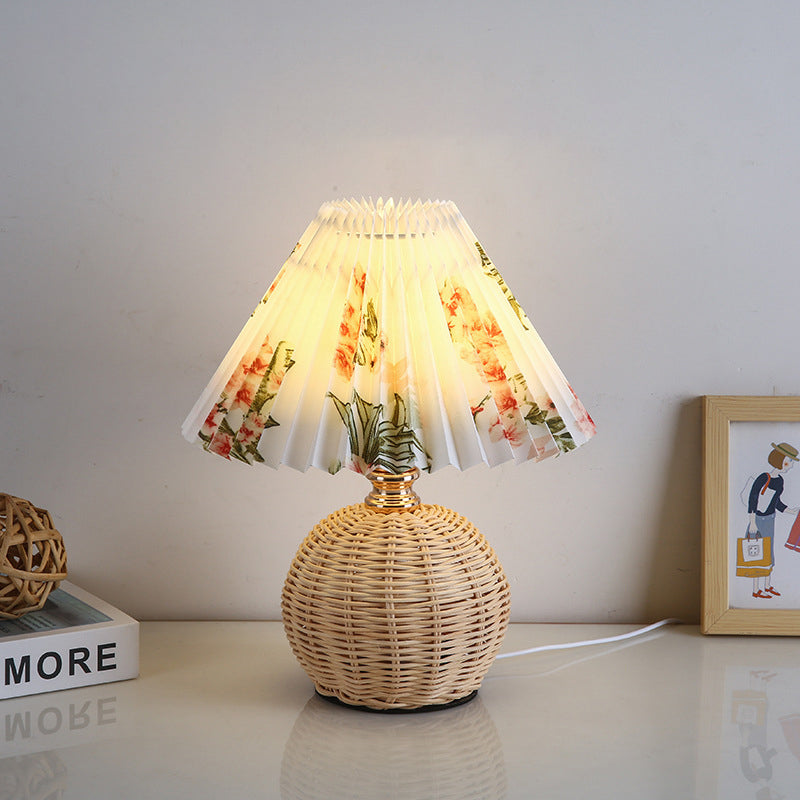 Nordic Rattan Table Lamp with Fabric Shade, USB Powered & Infinitely Dimmable LED Light for Bedroom, Living Room, Study | Thomler