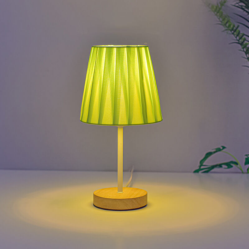 Wood Accent LED Table Lamp with Fabric Shade – USB Powered for Bedroom, Nightstand & Living Room | Thomler
