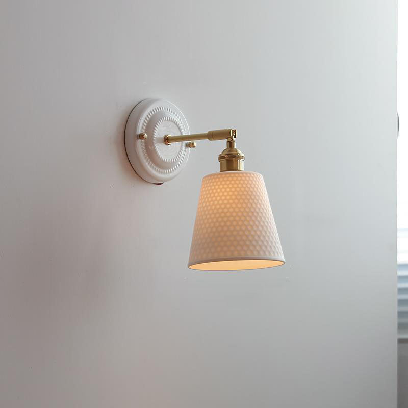 Pleated Shade Wall Sconce Lamp with Brass Arm for Bedroom Living Room & Study | Retro Japanese Style Ceramic Fixture | Thomler