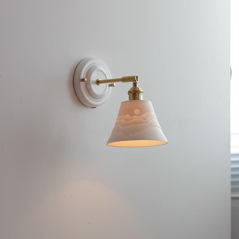 Pleated Shade Wall Sconce Lamp with Brass Arm for Bedroom Living Room & Study | Retro Japanese Style Ceramic Fixture | Thomler