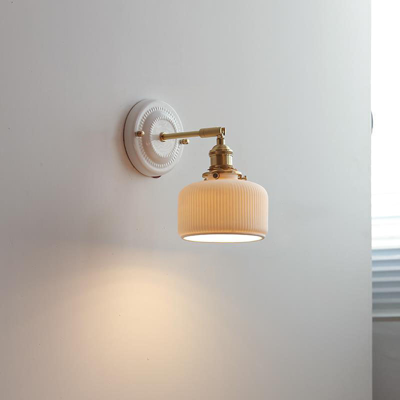 Handcrafted Porcelain Shade Brass Wall Light Fixture Single Bulb Hardwired Sconce for Bedroom Hallway Entryway Vintage Home Decor | Thomler
